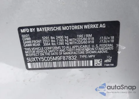 2021 BMW X3 xDrive30I z USA, uszkodzony, nr VIN 5UXTY5C05M9F87832
